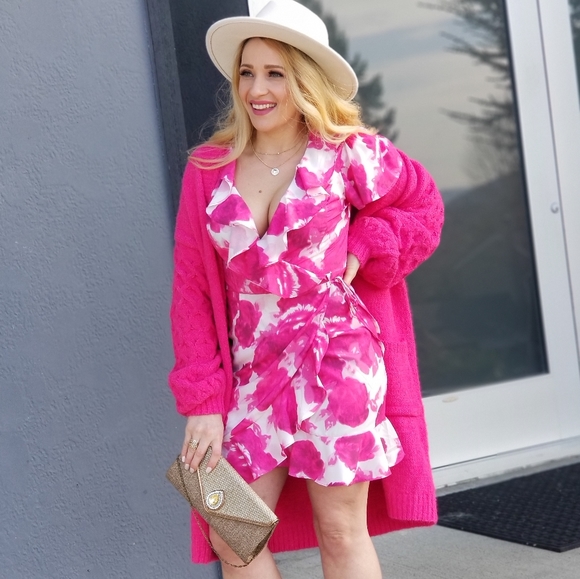 Video! Tickled Pink Floral Wrap Mini Dress - Picture 5 of 5